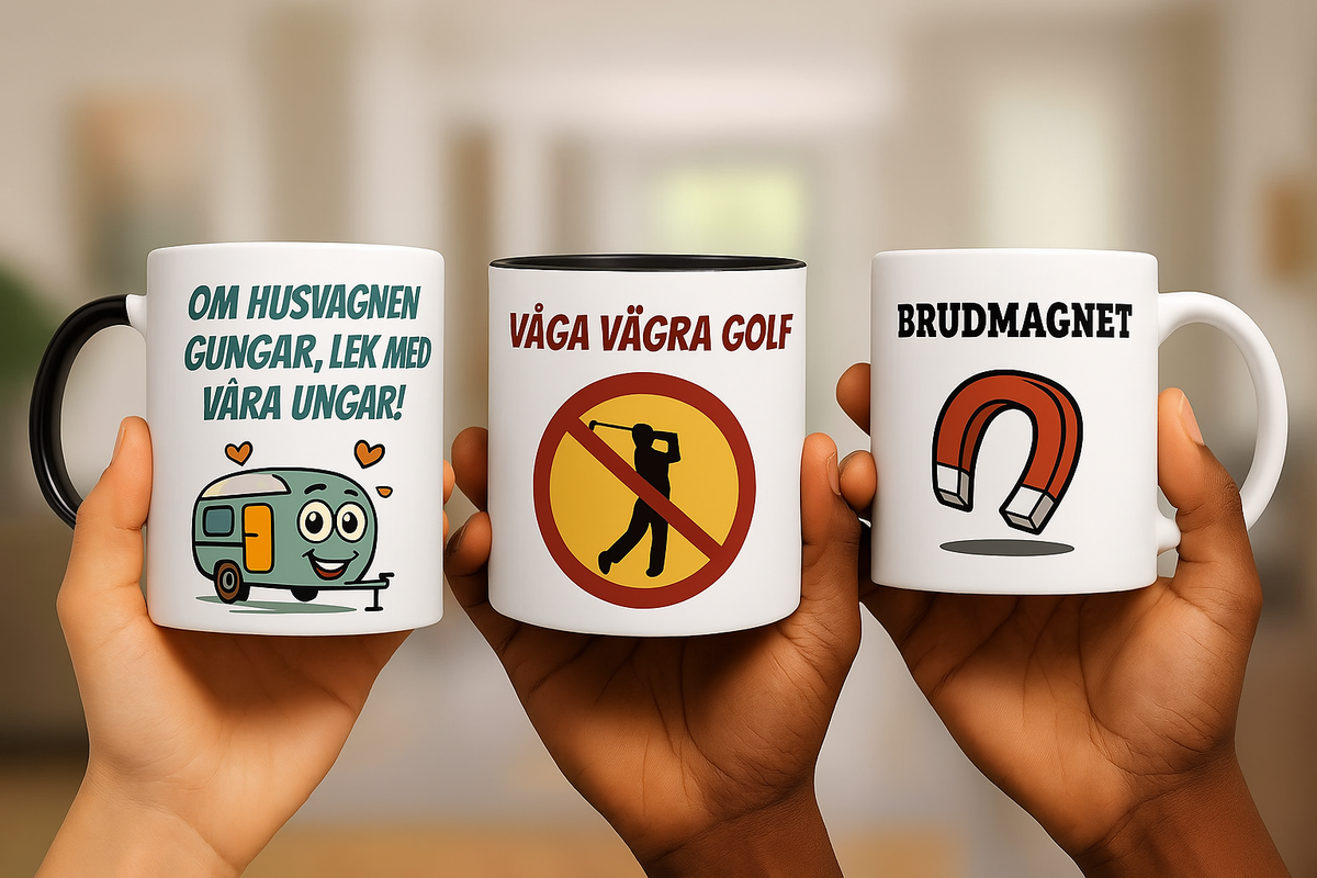 Tre händer håller varsin mugg med texterna Om husvagnen gungar, lek med våra ungar!, Våga vägra golf och Brudmagnet