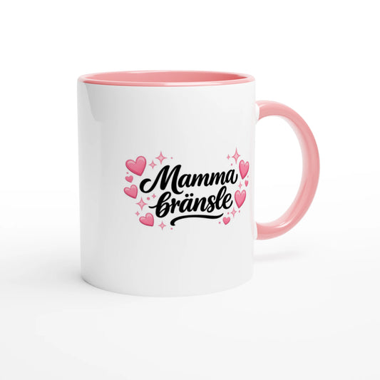Vit mugg med rosa handtag och rosa insida med texten Mammabränsle omgiven av rosa hjärtan