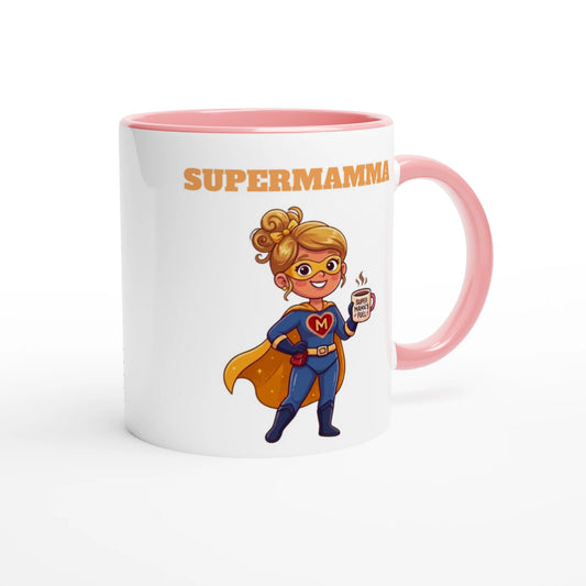 Vit mugg med rosa handtag och rosa insida, texten Supermamma och en tecknad superhjältemamma med blont hår, cape och kaffekopp