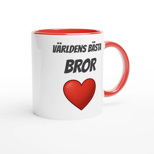 Vit mugg med rött handtag och röd insida med texten Världens bästa bror och ett rött hjärta