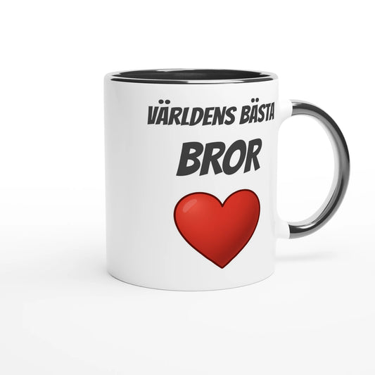 Vit mugg med svart handtag och svart insida med texten Världens bästa bror och ett rött hjärta