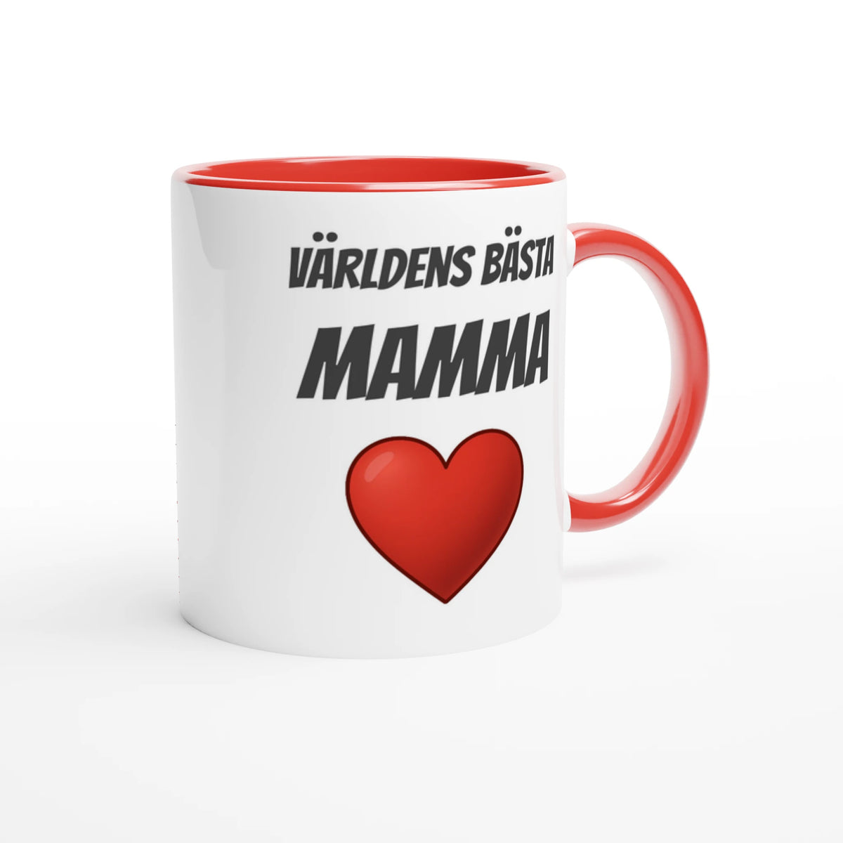 Vit mugg med rött handtag och röd insida med texten Världens bästa mamma och ett rött hjärta
