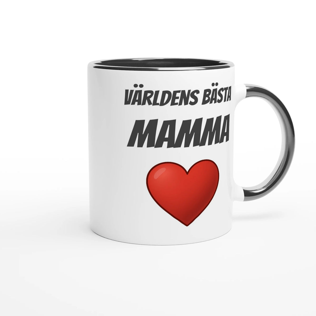 Vit mugg med svart handtag och svart insida med texten Världens bästa mamma och ett rött hjärta
